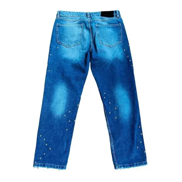 ZARA | Women’s Star Studded Mid Rise Straight Jeans Size 8 Fun Pop Button Fly - Picture 4 of 11